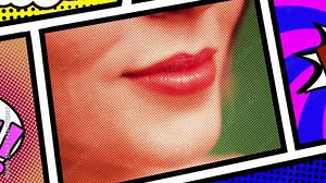 Inside a panel from a comic book page layout: a woman showing surprise, opening her mouth, putting her hands on the cheeks, smiling.