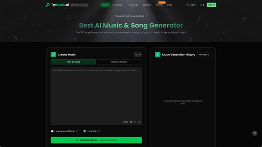 Trymusic AI: AI music generator converting lyrics and text into professional, royalty-free songs.
