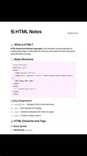DevRise Tech on Instagram: "HTML Core Concepts – Structure, Elements, Formatting & Navigation HTML is the backbone of every website, and mastering its core concepts is essential for anyone starting web development or front-end design. 📄 HTML Basic Structure Learn the standard structure of an HTML document using , , , and . This structure defines how browsers read and display your web pages. 🔖 HTML Elements & Tags HTML works with elements and tags like , , , and . Understanding how opening and