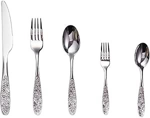 TWEE Silverware Set for 12 Stainless Steel Carved Flatware Set 60 Piece Unique Floral Cutlery Mirror Polished Kitchen Utensils Sets for Home Hotel Restaurant Tableware
