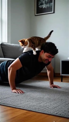 This kitty is the best workout buddy! Look who's helping with push-ups! 💪😹#cat #funnycat #workout