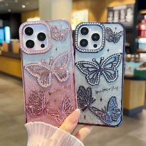 iFiLOVE for iPhone 15 Pro Max Bling Butterfly Case, Cute Luxury Sparkle Glitter Diamond Crystal Rhinestone Protective Case Cover for Girls Women Kids (Blue)