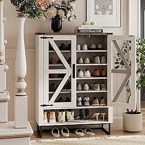 Maupvit 42.1" Farmhouse Shoe Cabinet with Ventilated Mesh Doors, 6-Tier Shoe Storage Cabinet with Adjustable Shelves & Metal Legs, Rustic Wooden Shoe Rack Organizer for Entryway, Hallway, Foyer, White