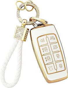 PIFOOG Key Fob Cover for Genesis GV70 GV80 2023 2022 2021 Accessories 8 Buttons Car Keys Case Shell with Cute Girly Keychain Ring Protector Bling White Gold TPU Women Gifts