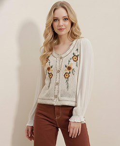 White Sunflower Crochet Blouse – Boho Long Sleeve Button-up Top - Etsy