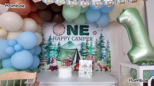 Hombae One Happy Camper Birthday Decorations, First Birthday Decorations, Camping 1st Birthday Party Decor, Green Backdrop Balloon Banner Cake Topper Crown Poster Cutout Balloon Boxes 114 PCs