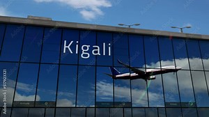 Plane landing at Kigali, Rwanda 3D. Arrival in the city with the glass airport terminal and reflection of the jet aircraft. Travel, business, tourism and transport concept.