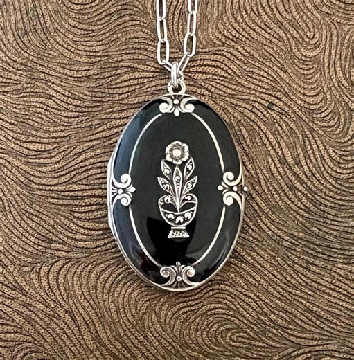 Antique Sterling Silver Marcasite Flower Black Enamel Locket Necklace - Etsy