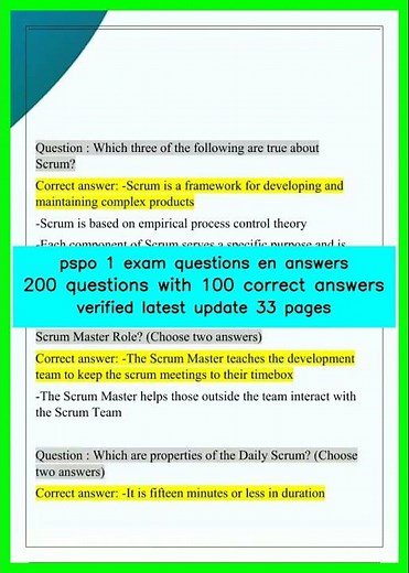 pspo 1 exam questions en answers 200 questions with 100 correct answers verified latest update 33 pa