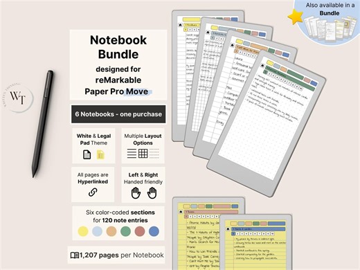 Set of 6 Notebooks for Remarkable Paper Pro Move, Yellow & White, 607 Pages per Notebook, Lined With Margin, Dotted, Squared, Hyperlinked - Etsy
