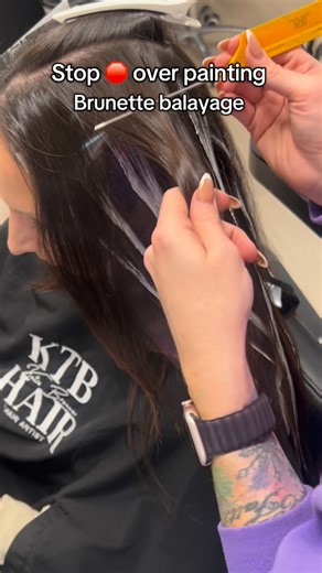 Katie Brenner | Ktbhair | Balayage on Instagram: "Struggling with painting brunettes? I used to too, but here's my secret to achieving balance and avoiding too much brightness - most brunettes don't want to look like blondes @qualitytouchfoil balayage brush and film @jrlusabeauty tail comb and clips ! #balayage #denverbalayage #brunettes #haircolor"