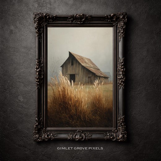 Weathered Barn Landscape Wall Art, Vintage Oil Painting Print, Rustic Farmhouse Decor, Prairie Fields - Etsy