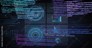 Programming code and data visualization animation over digital interface background