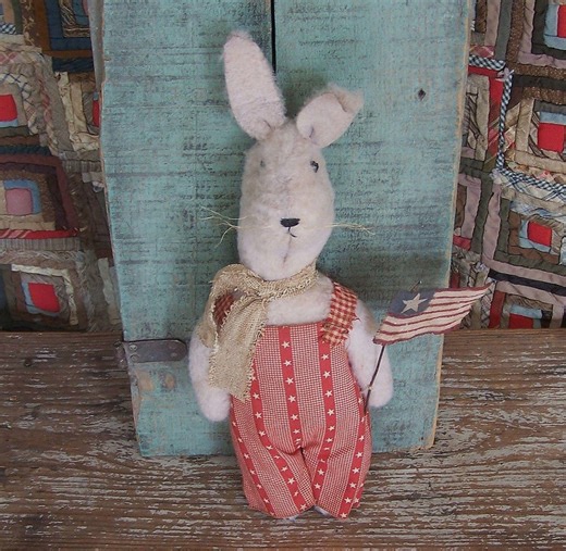 Primitive Americana Easter Bunny Doll in Red Overalls With Hand-painted Flag - Etsy