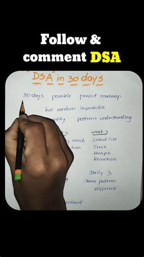 kirankumar on Instagram: "Master DSA in 30 days 🚀 Not by solving 1000 random problems… But by mastering patterns. Week 1 → Arrays, Strings, Sliding Window Week 2 → Binary Search, Stack, Queue Week 3 → Linked List, Trees, Recursion Week 4 → DP & Graph basics Daily rule: 3 focused problems. Same pattern. Different variations. Consistency > Grinding. Comment DSA for the full roadmap 🔥 #DSA #CodingLife #PlacementPrep #BTech #learntocodewithme"