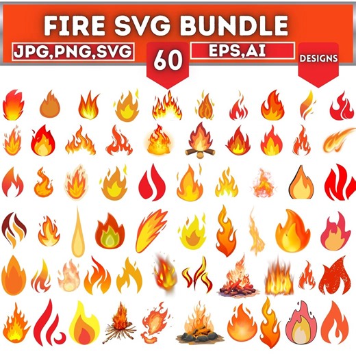 Fire SVG Bundle | 60 Flame Clipart | Campfire Bonfire & Hot Rod Decals | Burning Blaze Cut Files for Cricut | PNG EPS Ai - Etsy