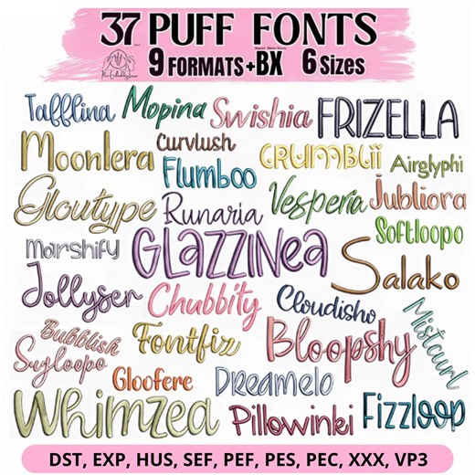 Embroidery Fonts Bundle: 37 Puff / 3D Machine Embroidery Designs With BX Format - 9 Formats & 6 Sizes - Instant Download - Etsy UK