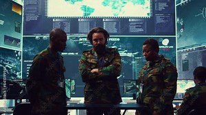 Diverse army officers examining real time data on a hologram, working with high tech holograph in a military command center for surveillance. Gather intelligence to support field troops. Camera B.