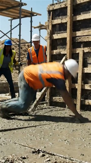 Concrete formwork bursts open in dramatic slow motion – workers scramble to escape