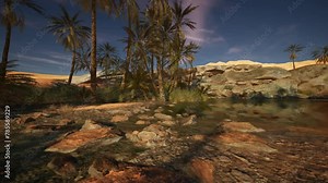 A computer generated image of a river surrounded by palm trees