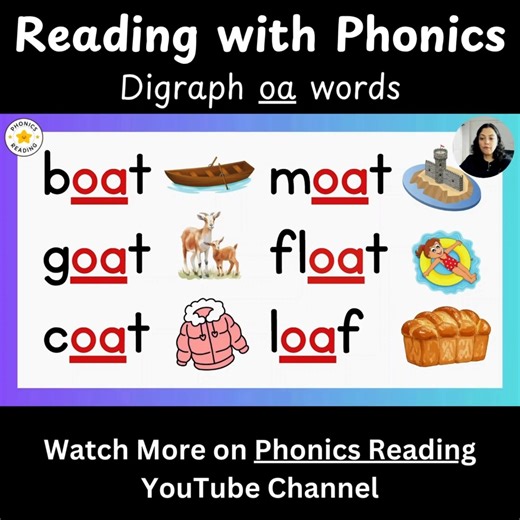 Reading Practice with Phonics. Digraph "oa" Words. Digraphs are two letters and one sound. Watch more on the Phonics Reading YouTube Channel. . . #phonics #learntoread #learnenglish #homeschooling #earlyliteracy #phonicsfun #phonicsreading #phonicsactivity | Phonics Reading