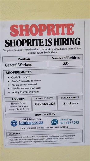 🛒 SHOPRITE JOB OPPORTUNITIES 🇿🇦 Are you looking for work? 👀 Shoprite may have opportunities worth exploring! ✅ Check the requirements before applying. 📍 Opportunities may vary by location. 📄 Prepare your CV and relevant documents. 👉 Visit Jobdogs.co.za or click the link in bio for job information. ⚠️ Important: This post is for job information only. Always verify vacancies and application instructions through official Shoprite recruitment channels. Never pay anyone for a job. #ShopriteJob