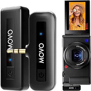 Movo Wireless Mini Camera Microphone for Video Recording- 2.4Ghz Wireless Transmitter with Clip on Lavalier Microphone for DSLR, Mirrorless Camera- Compact Lapel Mic (164FT Range, 10-Hr Battery Life)