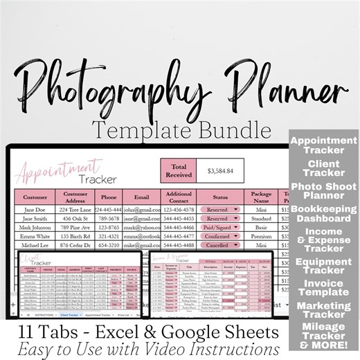 Photography Business Planner Bundle Spreadsheet Template, Photographer Business Templates, Photography Business Tracker, Appointment Client - Etsy