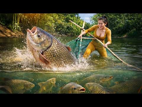 Catching a Giant Carp in the River | So Many Big Fish Underwater!