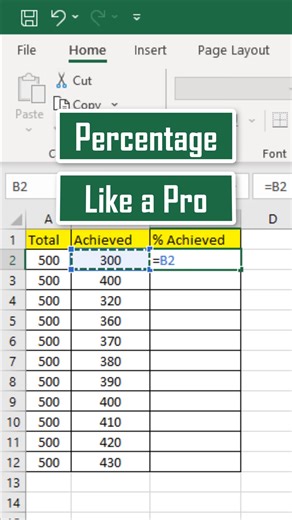 Calculate Percentage Like a Pro in Excel Still typing formulas again and again to calculate percentages? Do it the professional way. ➤ Use =B2/A2 once ➤ Press Ctrl D to copy it down ➤ Hit Ctrl Shift % to format instantly Fast. Clean. Error-free. This is how Excel pros work. #exceltips #excelshortcuts #excelformulas #dataanalysis #learnexcel | Excel 10 Tutorial