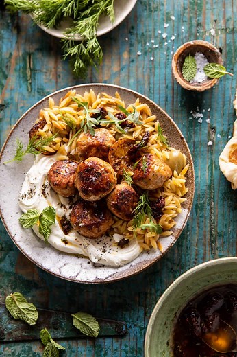 One Skillet Greek Meatballs and Lemon Butter Orzo.