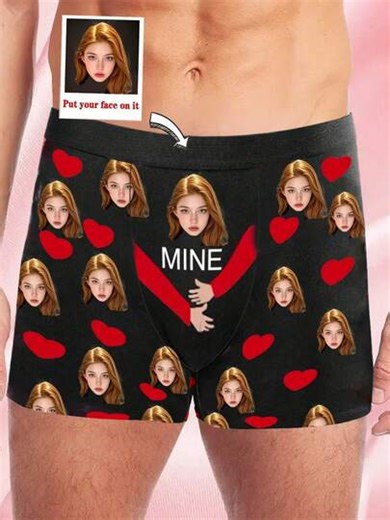 Customized Face Print Men's Briefs, Boxer Briefs With Non-Curling Waistband, Personalized Men's Underwear, Can Customize Photo/Image Print Underwear, Ideal Gift For Boyfriend/Husband, Customized, Winter, Personalized Gift, Anniversary, Holiday ,For Family | SHEIN