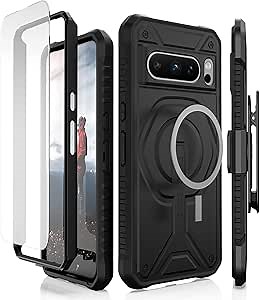 CaseBorne Compatible with Google Pixel 8 Pro Protective Case - Compatible with MagSafe, Slim Yet Rugged with Tempered Glass Screen Protector and Belt Clip Holster Black