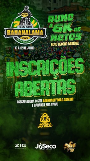 BANANA LAMA 2026 ABRE INSCRIÇÕES E CONFIRMA RETORNO DO GIGANTE COM FOCO EM NOVO RECORDE MUNDIAL O Banana Lama 2026 está oficialmente de volta e promete escrever um novo e histórico capítulo no motociclismo off-road mundial. Reconhecido como o maior encontro de motociclistas off-road do planeta, o evento se prepara para uma edição ainda mais grandiosa, ambiciosa e impactante, com a expectativa de reunir 6 mil motos nas trilhas e contar, novamente, com a presença oficial do Guinness Book, que esta