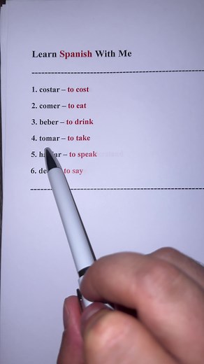 Learn Spanish with me 1. costar - to cost 2. comer - to eat 3. beber - to drink 4. tomar - to take 5. hablar - to speak 6. decir - to say . . . #english #explore #spanish #fyp #educational #tutorial
