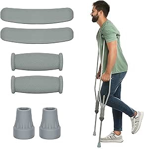 supregear Crutch Pads, Padding for Walking Arm Crutches, Hand Grips and Feet Caps, Rubber Grip Handle Covers Replacement 6 Pcs Set, Relief Accessories for Adults and Kids, Grey