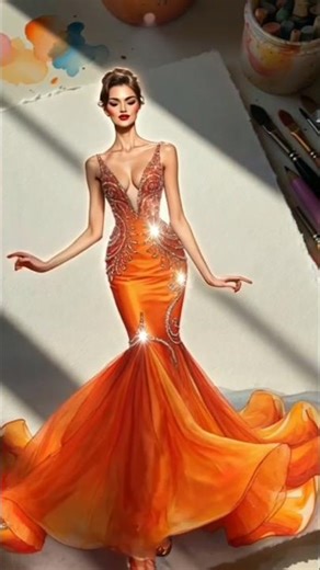 Realistic AI Fashion Design ✨ Orange Mermaid Gown Transformation | Fashion Illustration to Runway