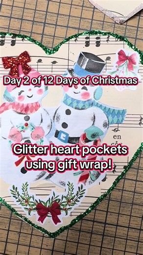 For day 2 of my 12 days of junk journal ideas I created these little hearts pockets using glitter, music paper and some super cute gift wrap! Head over to my YouTube channel to create these with me!! #decemberdaily #junkjournal #junkjournalcommunity #decemberdaily2025 #christmasjournalideas