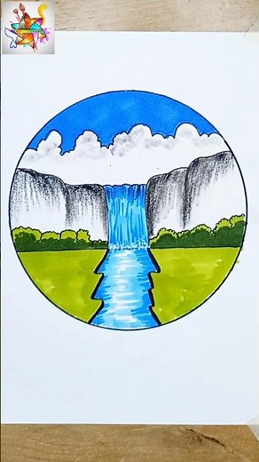 طريقة رسم شلال طبيعي بأسلوب بسيط وجميل - تعلم الرسم خطوة بخطوة#Drawing #Art #Shorts #تعلم_الرسم