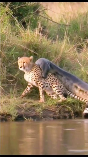 Python ambushes a cheetah near the waterbank 🐍🩸 #WildAttack
