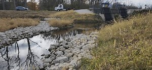 A stormwater management retention pond in Illinois with denitrification filters