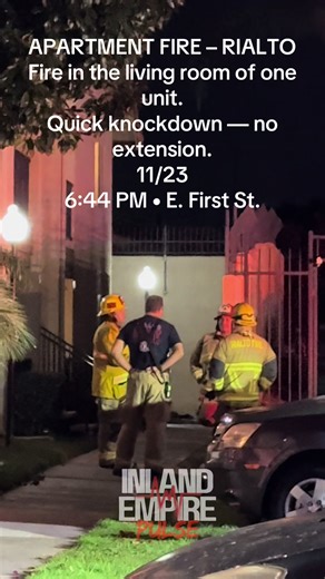 APARTMENT FIRE – Rialto, CA 245 E. First St. Today • 6:44 PM Rialto Fire responded to a second-story apartment fire this evening. The fire was located inside the living room of one unit and was contained to that single apartment. Crews made a quick interior attack and prevented it from spreading to any neighboring units. #rialto #inlandempire #california #fire