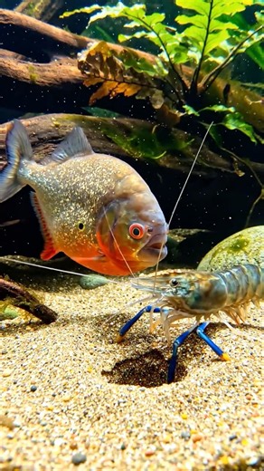 Red bellied Piranha Found A Giant Prawn In A Hole Then Emerged #shorts