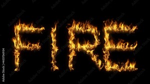 3D animation of word fire text on fire with alpha layer