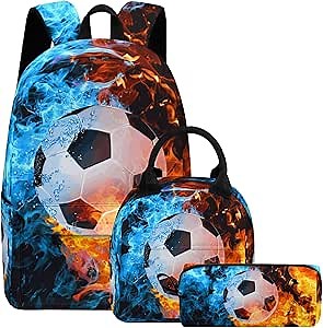 Soccer Printed Backpack Set for Boys Kids, 3Pcs Bookbag with Pencil Case for school, 17 Inch Lightweight Laptop Backpack with Lunch Bag for Mens Teens Office, High School