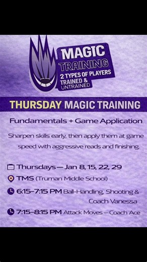 🔥 THURSDAY = OFFENSIVE TRAINING NIGHT 🔥 MAGIC TRAINING | Truman Middle School Tonight we’re locking in on SCORING at GAME SPEED 💥 🏀 Shooting & Ball-Handling with Coach Vanessa ➡️ Game shots out of: • Pick & Roll • Drive & Kick • Transition 🔥 Attack Moves with Coach Ace ➡️ Learning how to attack defenders, create space, and finish with purpose This is about sharpening fundamentals early and applying them in real game situations. 🕕 6:15–7:15 PM — Shooting / Ball-Handling (Coach Vanessa) 🕢 7
