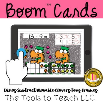 Boom™ Cards St Patrick's Day Dinos Subtract Clovers to 20 Grade 2 Self-Correct