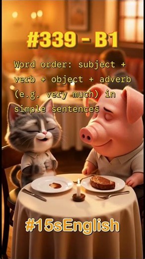 Word order: subject + verb + object + adverb (e.g. very much) in simple sentences