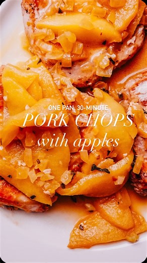 Apples and juicy pork chops in a 30-minute one-pan dinner? YES PLEASE! Say RECIPE below I’ll be so happy to DM it to you! 💌 Give me tender pork chops any day, with caramelized apples, onions, sage, and Dijon mustard. Finishing with a knob of cold butter turns the pan drippings into a luscious, glossy sauce. INGREDIENTS: * 4 pork chops (1 inch thick) * 1¼ tsp kosher salt ½ tsp black pepper * 1 tbsp olive oil * 1 tbsp butter * 2 apples, sliced * ½ cup chopped onion * ¼ tsp salt * 1 tsp minced gar