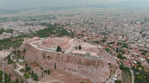 Acropolis in Athens, Drone view,daytime,aerial pan shot Drone view over Athens city and ancient citadel, August 2022